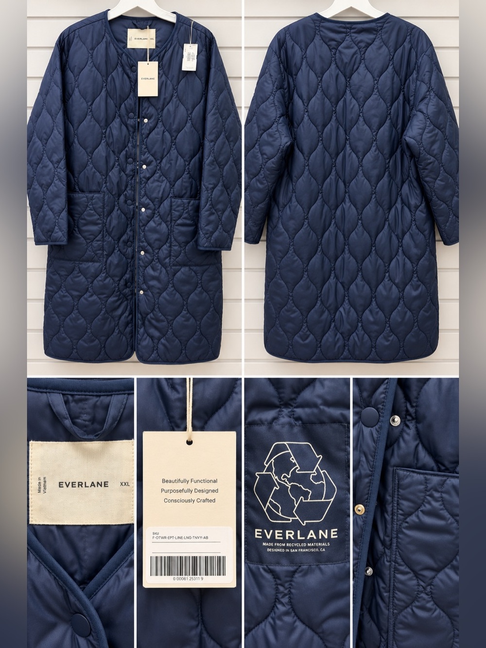 NWT Everlane The Long Quilted Liner Coat Navy XXL